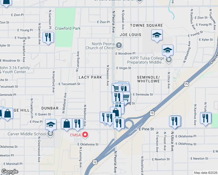 map of restaurants, bars, coffee shops, grocery stores, and more near 1827 North Owasso Avenue in Tulsa