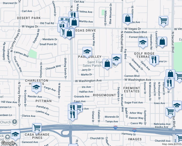 map of restaurants, bars, coffee shops, grocery stores, and more near 5808 Marka Drive in Las Vegas