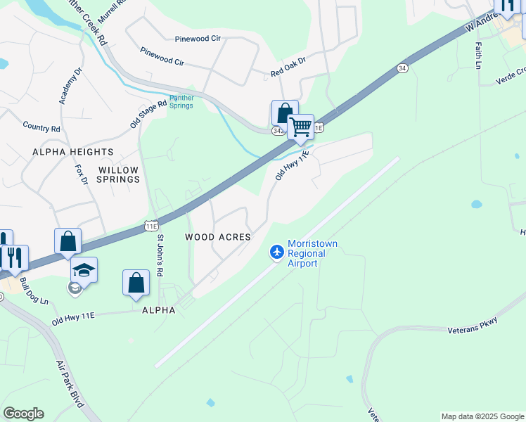 map of restaurants, bars, coffee shops, grocery stores, and more near 5130 Old Highway 11E in Morristown