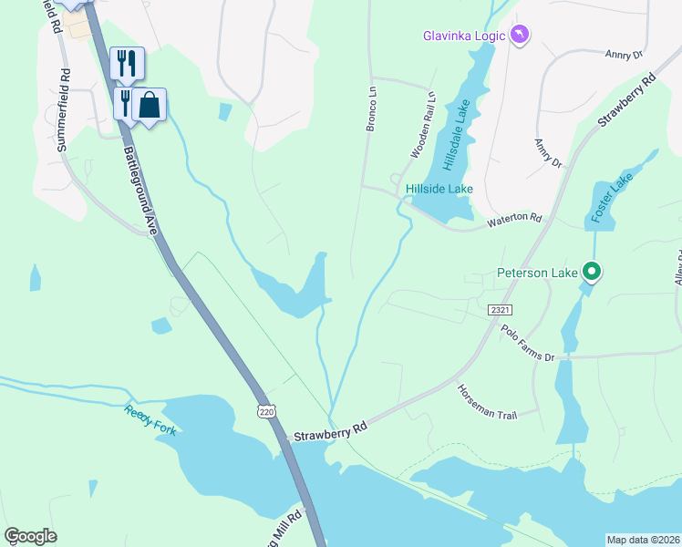 map of restaurants, bars, coffee shops, grocery stores, and more near 6787 Bronco Lane in Summerfield