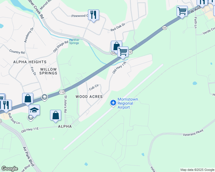map of restaurants, bars, coffee shops, grocery stores, and more near 5130 Old Highway 11E in Morristown