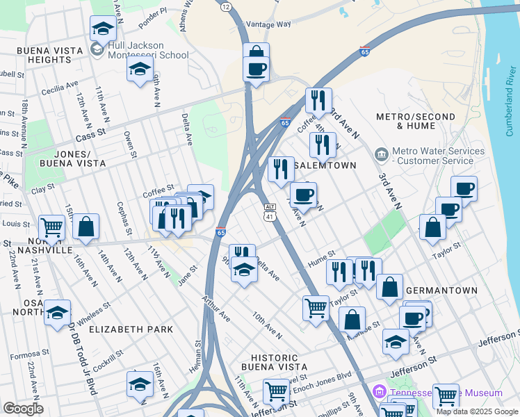 map of restaurants, bars, coffee shops, grocery stores, and more near 1731 Rosa L Parks Boulevard in Nashville