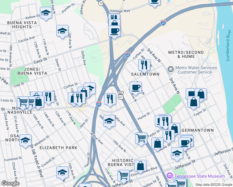 map of restaurants, bars, coffee shops, grocery stores, and more near 808 Garfield Street in Nashville