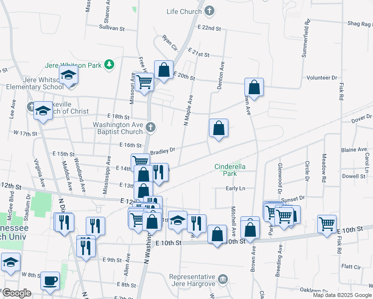 map of restaurants, bars, coffee shops, grocery stores, and more near 601 Bradley Drive in Cookeville