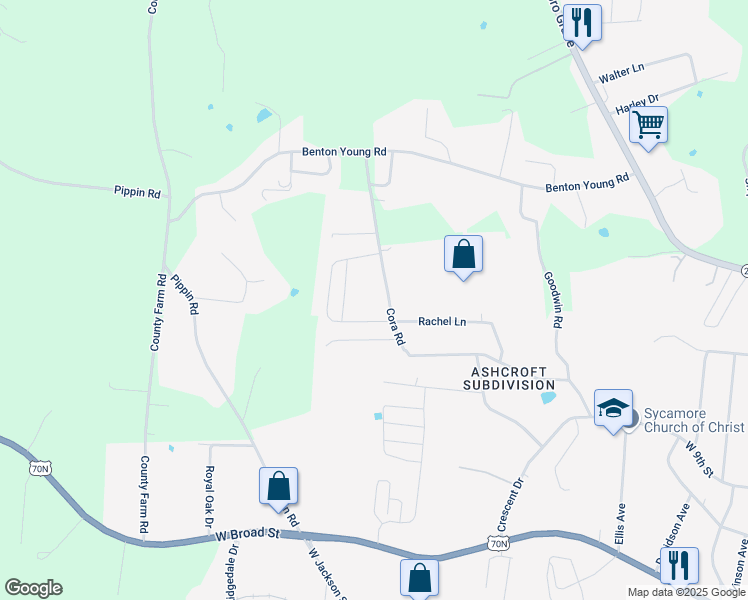 map of restaurants, bars, coffee shops, grocery stores, and more near 480 Cora Road in Cookeville