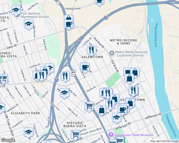 map of restaurants, bars, coffee shops, grocery stores, and more near 600 Garfield Street in Nashville