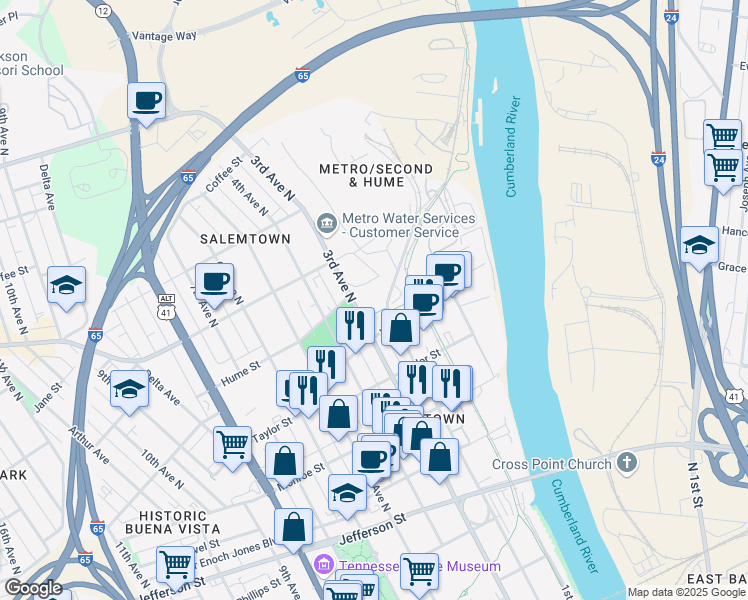 map of restaurants, bars, coffee shops, grocery stores, and more near 1508 3rd Avenue North in Nashville