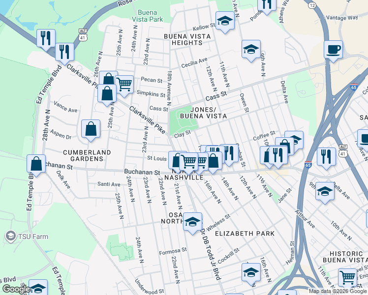 map of restaurants, bars, coffee shops, grocery stores, and more near 1831 16th Avenue North in Nashville