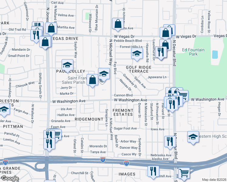 map of restaurants, bars, coffee shops, grocery stores, and more near 1009 Fay Boulevard in Las Vegas