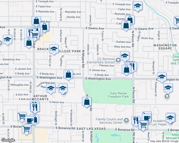 map of restaurants, bars, coffee shops, grocery stores, and more near 3016 East Jansen Avenue in Las Vegas