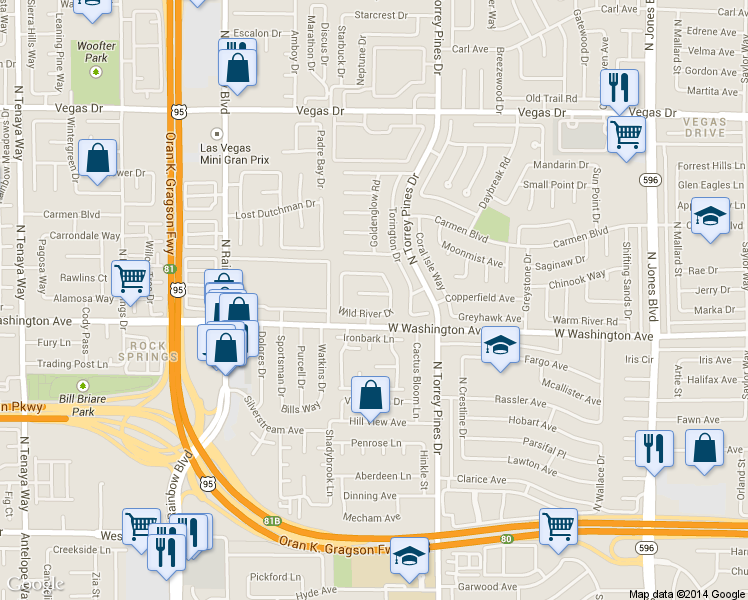 map of restaurants, bars, coffee shops, grocery stores, and more near 6521 Wild River Drive in Las Vegas