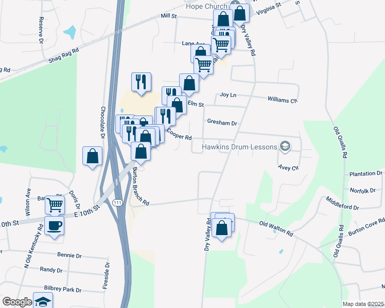 map of restaurants, bars, coffee shops, grocery stores, and more near 646 Cooper Square in Cookeville