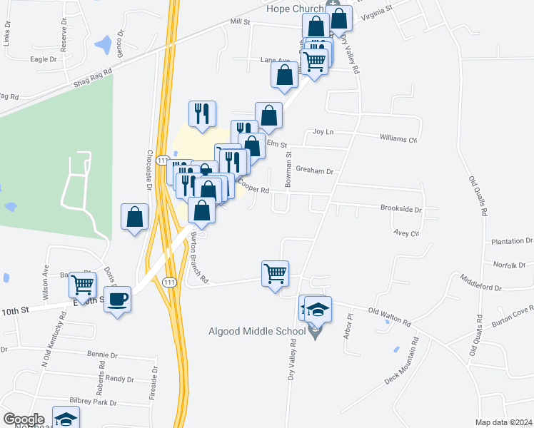 map of restaurants, bars, coffee shops, grocery stores, and more near 626 Cooper Square in Cookeville