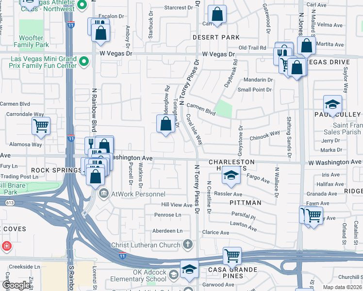 map of restaurants, bars, coffee shops, grocery stores, and more near 904 Torington Drive in Las Vegas