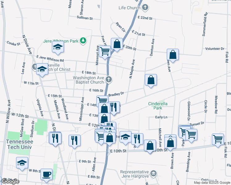 map of restaurants, bars, coffee shops, grocery stores, and more near 501 Bradley Drive in Cookeville