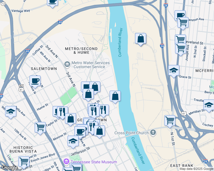 map of restaurants, bars, coffee shops, grocery stores, and more near 1390 Adams Street in Nashville