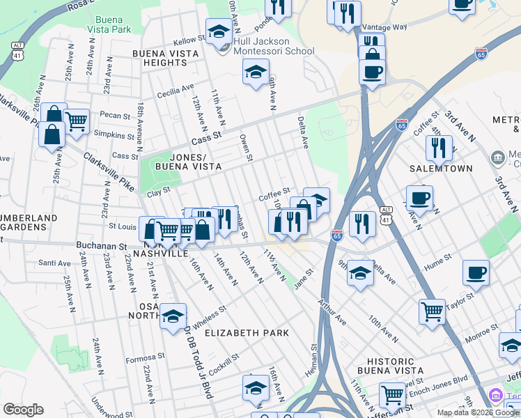 map of restaurants, bars, coffee shops, grocery stores, and more near 1823 11th Avenue North in Nashville