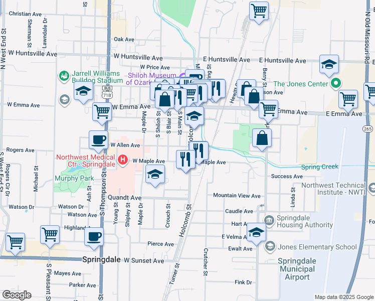 map of restaurants, bars, coffee shops, grocery stores, and more near 429 Holcomb St in Springdale
