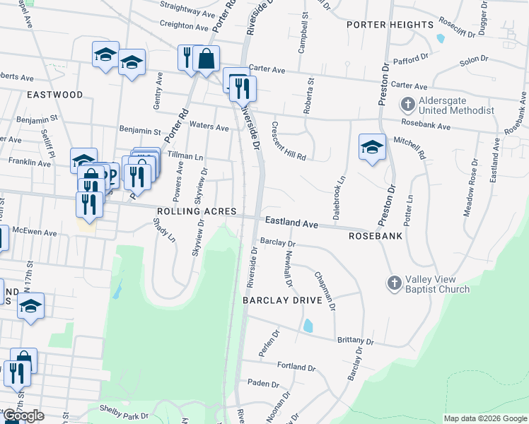 map of restaurants, bars, coffee shops, grocery stores, and more near 825 Riverside Drive in Nashville