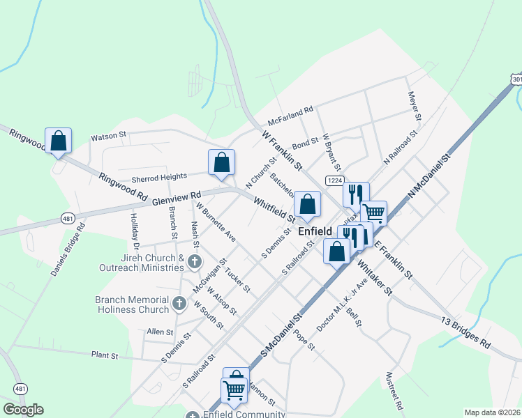 map of restaurants, bars, coffee shops, grocery stores, and more near 113 Overstreet Dr in Enfield