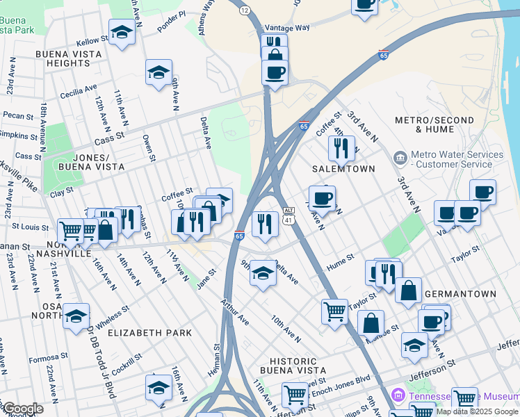 map of restaurants, bars, coffee shops, grocery stores, and more near 1826 Nassau Street in Nashville