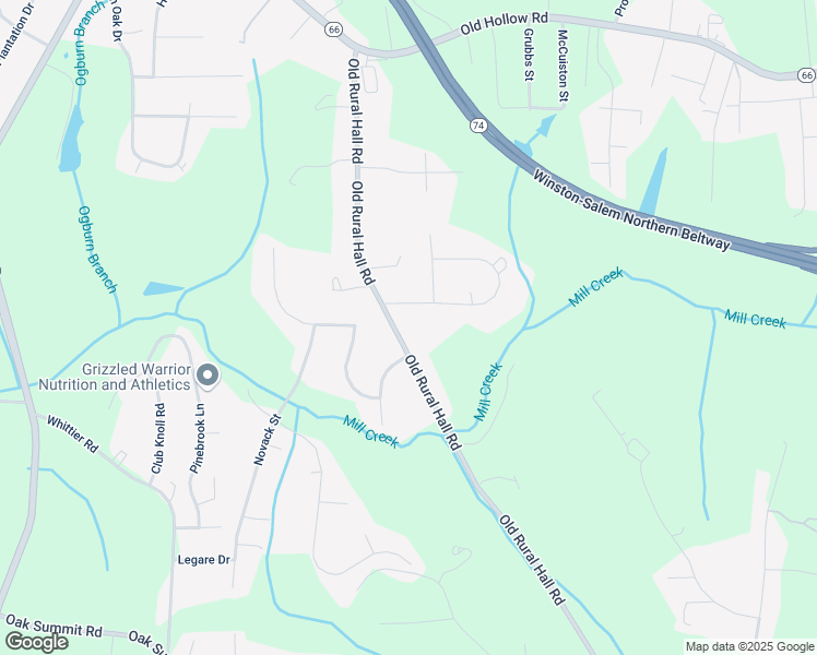 map of restaurants, bars, coffee shops, grocery stores, and more near 5744 Old Rural Hall Road in Winston-Salem