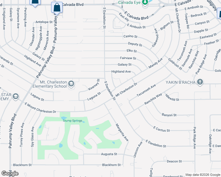 map of restaurants, bars, coffee shops, grocery stores, and more near 2581 South Dandelion Street in Pahrump