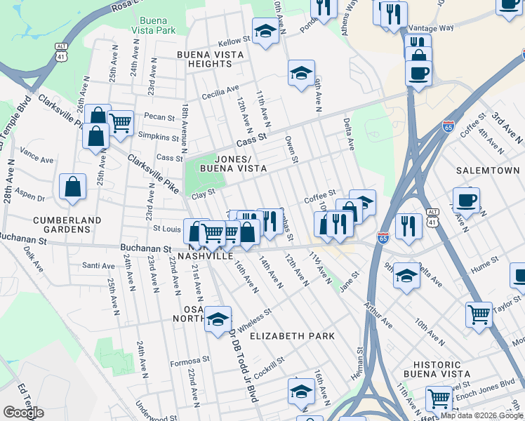 map of restaurants, bars, coffee shops, grocery stores, and more near 1903 12th Avenue North in Nashville