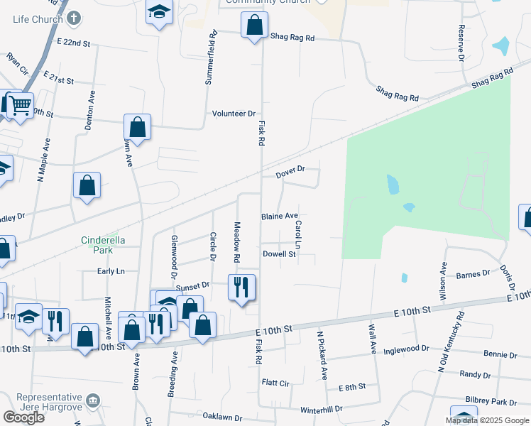 map of restaurants, bars, coffee shops, grocery stores, and more near 1277 Fisk Road in Cookeville