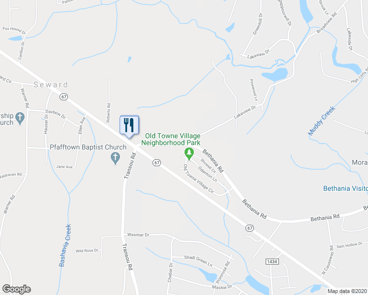 map of restaurants, bars, coffee shops, grocery stores, and more near 4994 Old Towne Village Circle in Pfafftown