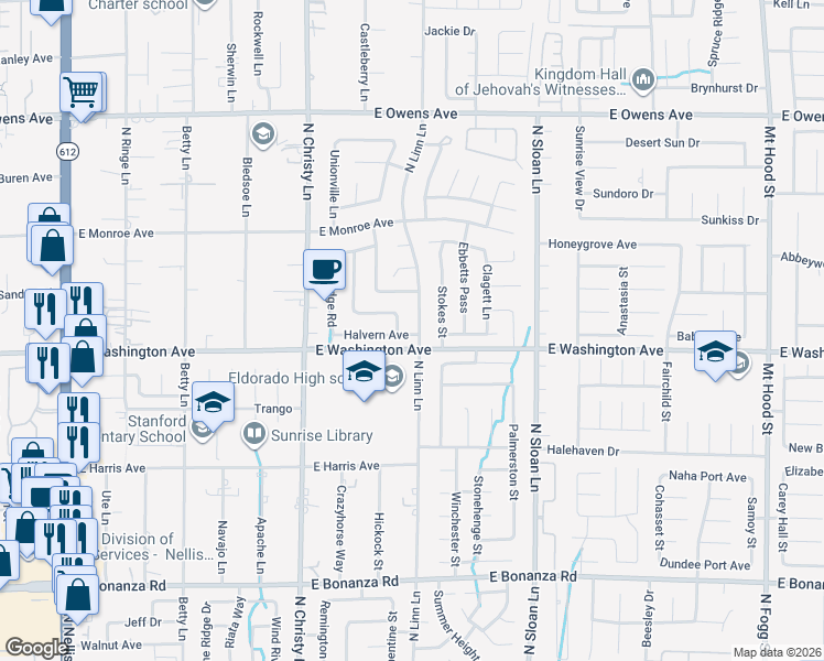 map of restaurants, bars, coffee shops, grocery stores, and more near 5697 Halvern Avenue in Las Vegas