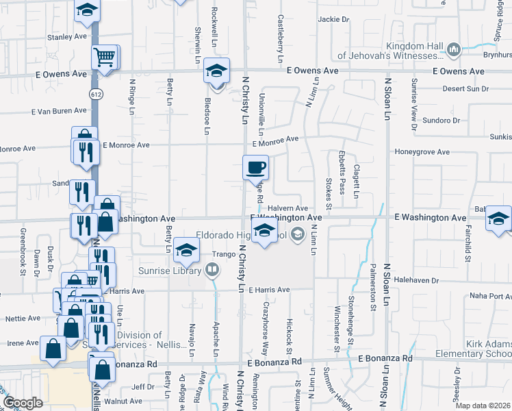 map of restaurants, bars, coffee shops, grocery stores, and more near 5547 Halvern Avenue in Las Vegas