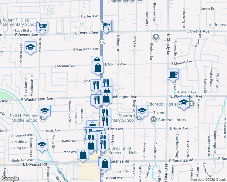 map of restaurants, bars, coffee shops, grocery stores, and more near 5302 East Washington Avenue in Las Vegas