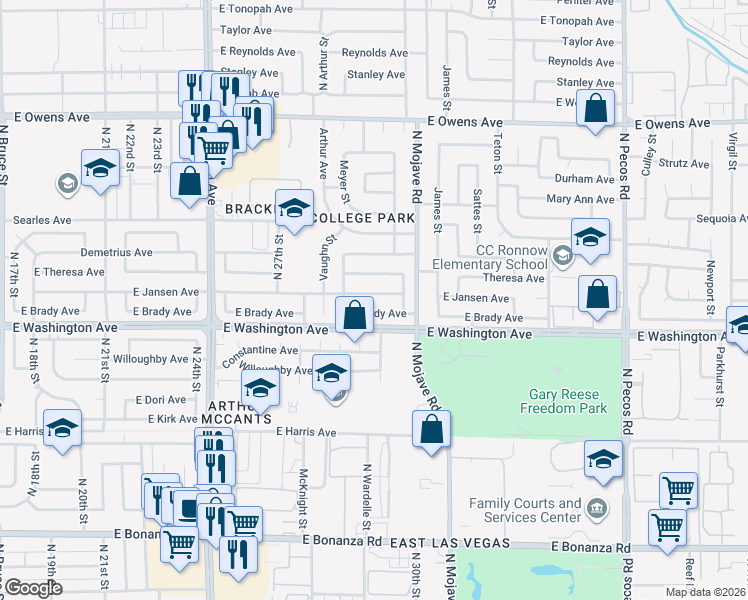 map of restaurants, bars, coffee shops, grocery stores, and more near 2932 East Brady Avenue in Las Vegas