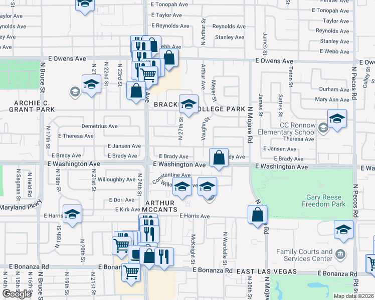 map of restaurants, bars, coffee shops, grocery stores, and more near 2712 East Brady Avenue in Las Vegas