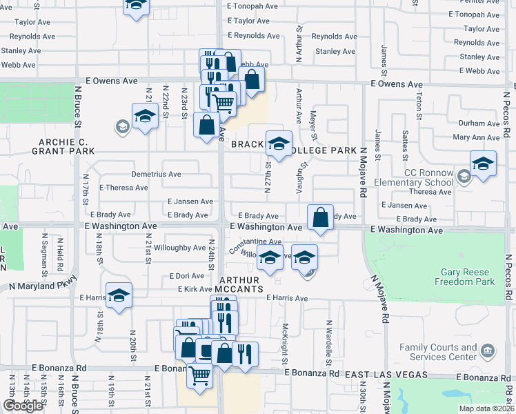 map of restaurants, bars, coffee shops, grocery stores, and more near 2620 East Brady Avenue in Las Vegas