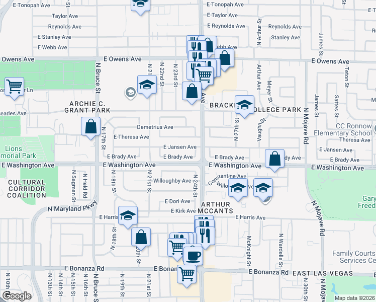 map of restaurants, bars, coffee shops, grocery stores, and more near 2312 East Brady Avenue in Las Vegas