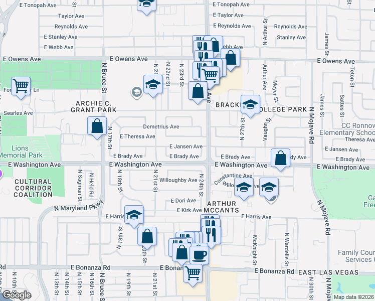 map of restaurants, bars, coffee shops, grocery stores, and more near 2312 East Brady Avenue in Las Vegas