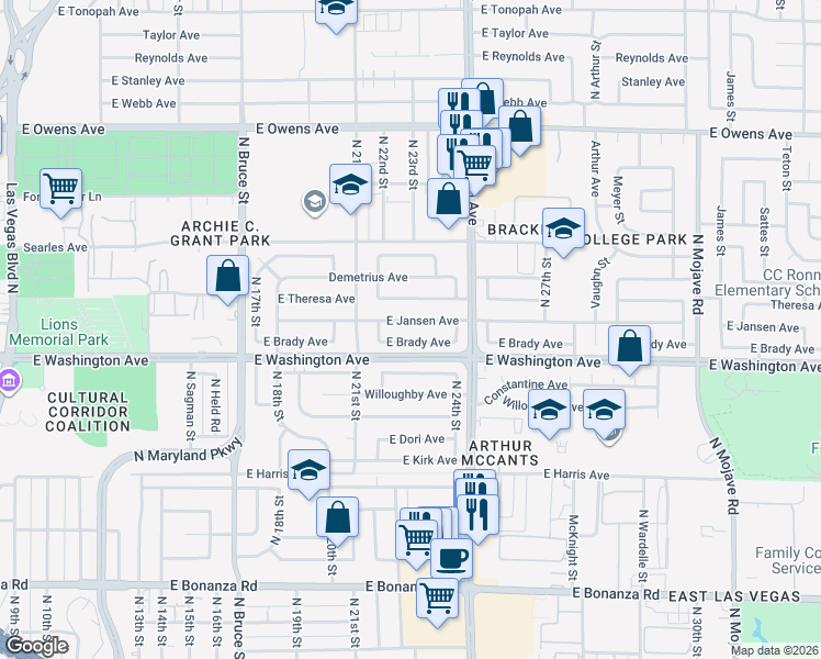map of restaurants, bars, coffee shops, grocery stores, and more near 2216 East Brady Avenue in Las Vegas