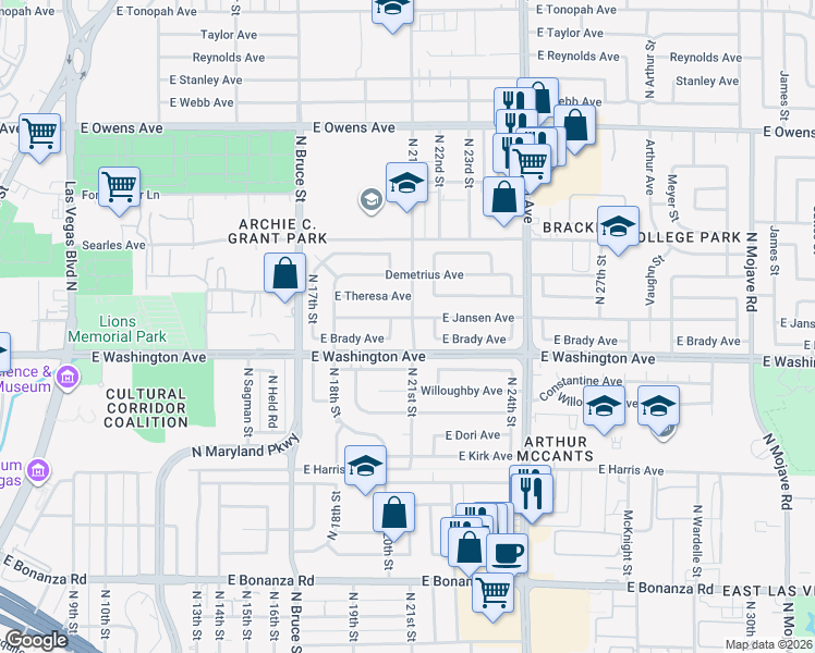 map of restaurants, bars, coffee shops, grocery stores, and more near 900 North 21st Street in Las Vegas