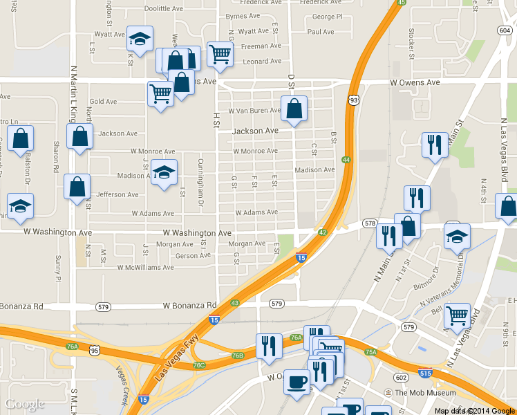 map of restaurants, bars, coffee shops, grocery stores, and more near 513 West Adams Avenue in Las Vegas