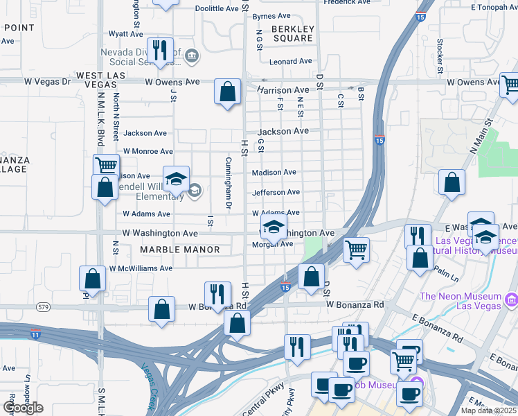 map of restaurants, bars, coffee shops, grocery stores, and more near 619 West Adams Avenue in Las Vegas
