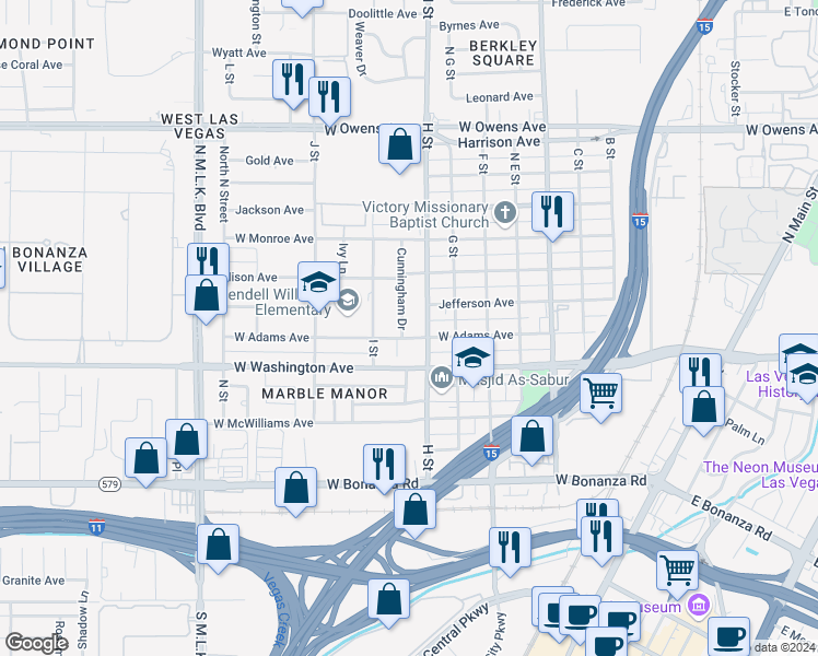 map of restaurants, bars, coffee shops, grocery stores, and more near 923 H Street in Las Vegas