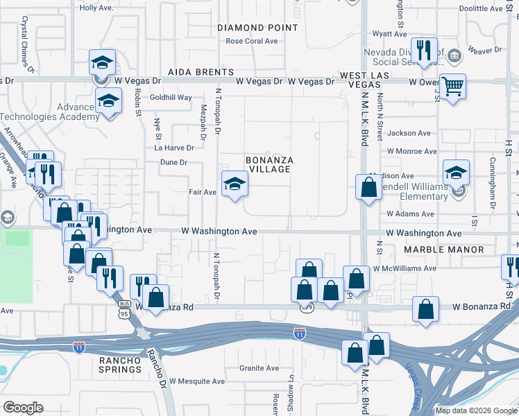 map of restaurants, bars, coffee shops, grocery stores, and more near 1931 Ophir Drive in Las Vegas