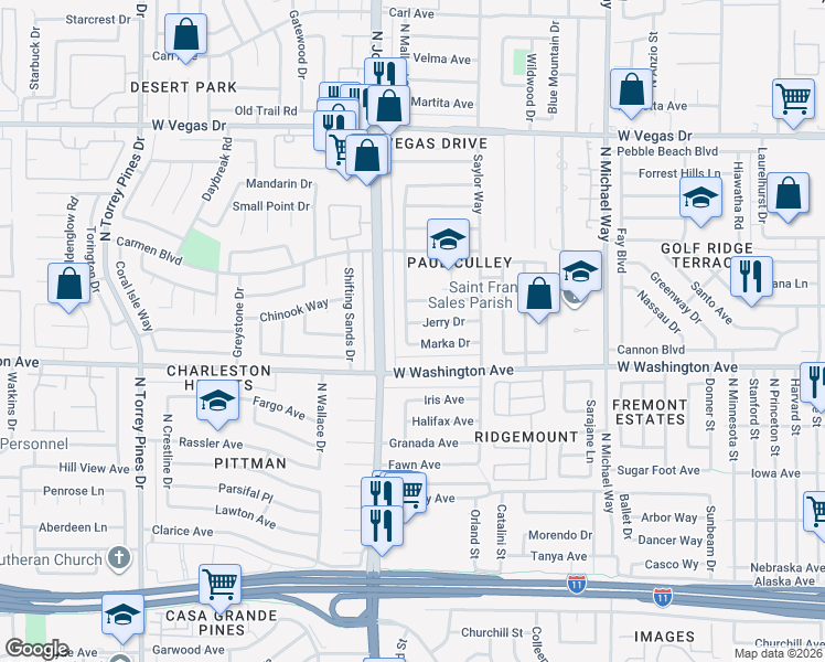 map of restaurants, bars, coffee shops, grocery stores, and more near 5925 Marka Drive in Las Vegas