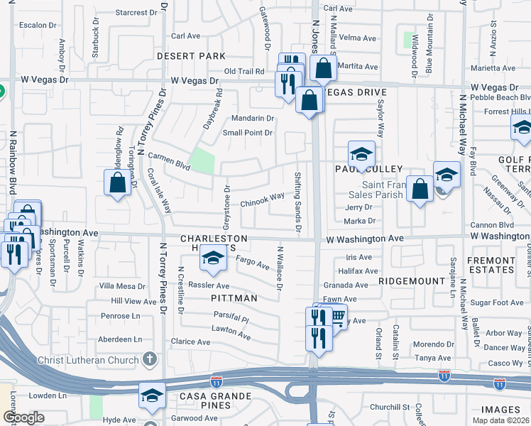 map of restaurants, bars, coffee shops, grocery stores, and more near 6148 Warm River Road in Las Vegas