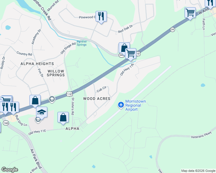 map of restaurants, bars, coffee shops, grocery stores, and more near 5219 Cub Circle in Morristown