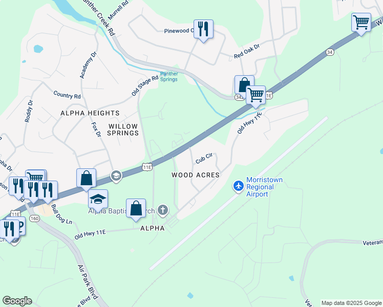 map of restaurants, bars, coffee shops, grocery stores, and more near 5309-5399 Cub Circle in Morristown