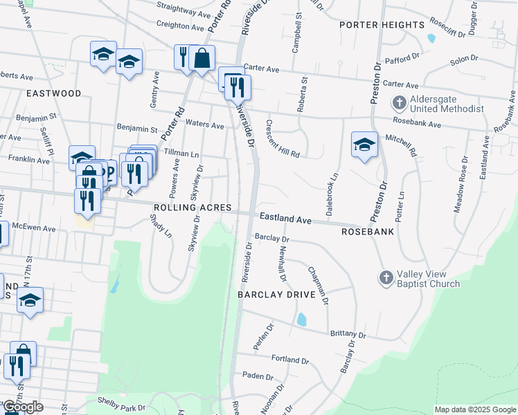map of restaurants, bars, coffee shops, grocery stores, and more near 825 Riverside Drive in Nashville