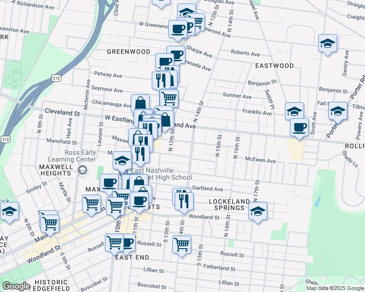 map of restaurants, bars, coffee shops, grocery stores, and more near 1205 Calvin Avenue in Nashville